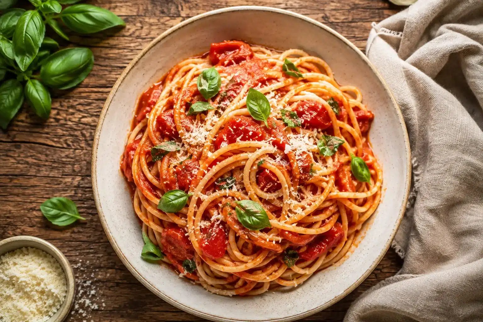 Fresh tomato and basil pasta recipe served in a rustic bowl with Parmesan