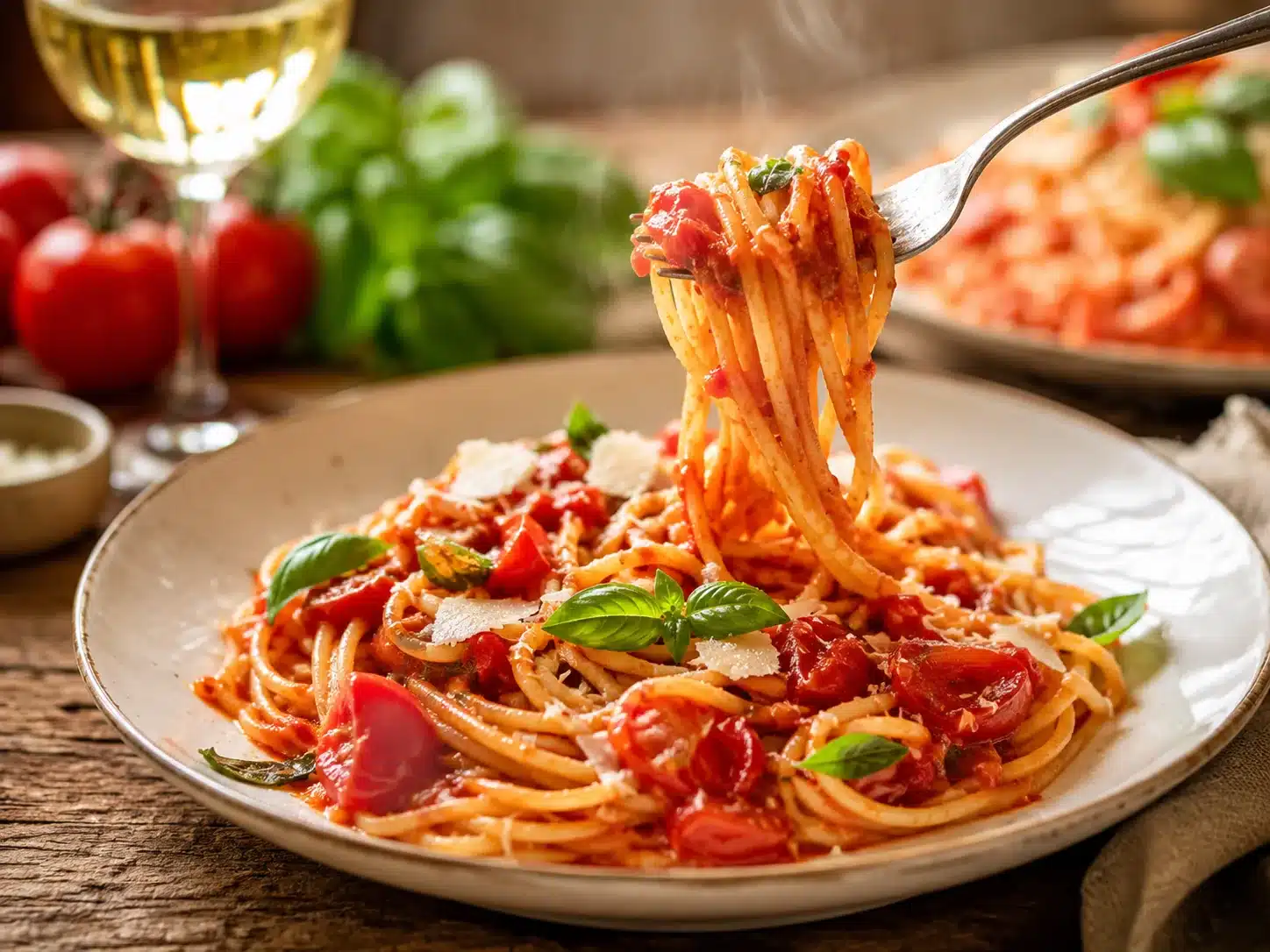 Finished fresh tomato and basil pasta recipe plated with basil and Parmesan