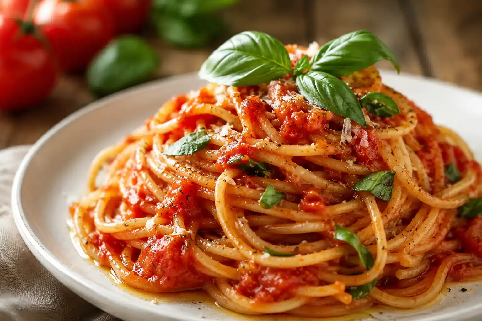 Close-up of fresh tomato and basil pasta twirled on a plate with basil and Parmesan