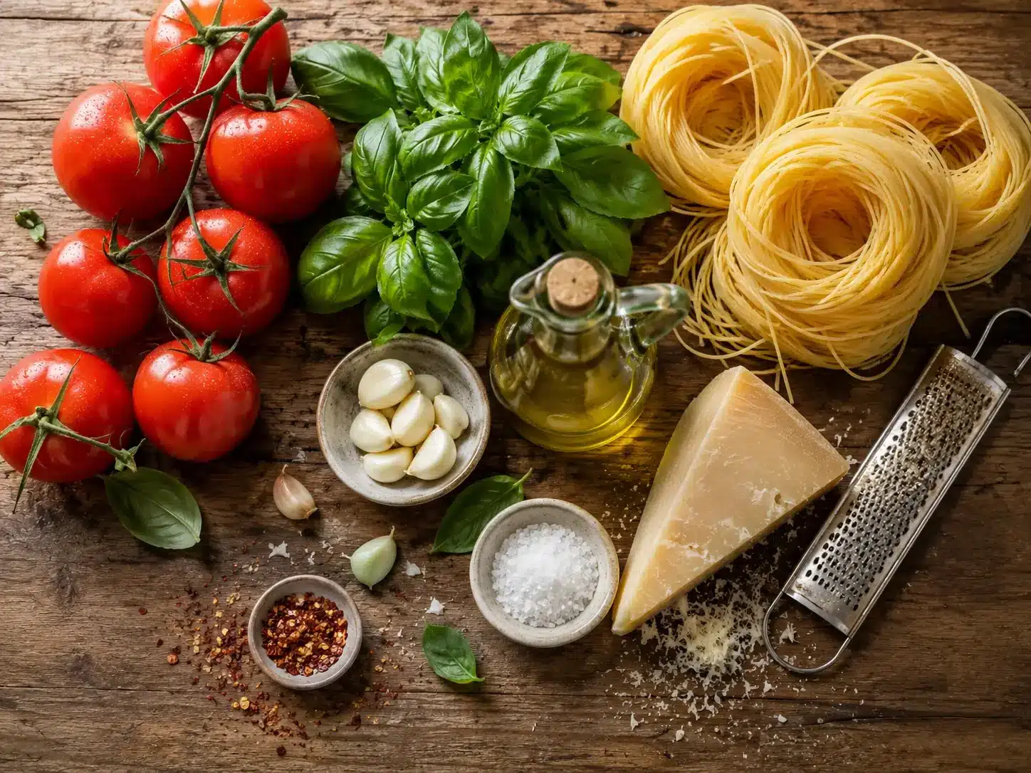 Fresh tomatoes, basil, garlic, Parmesan, and pasta ingredients for tomato basil pasta