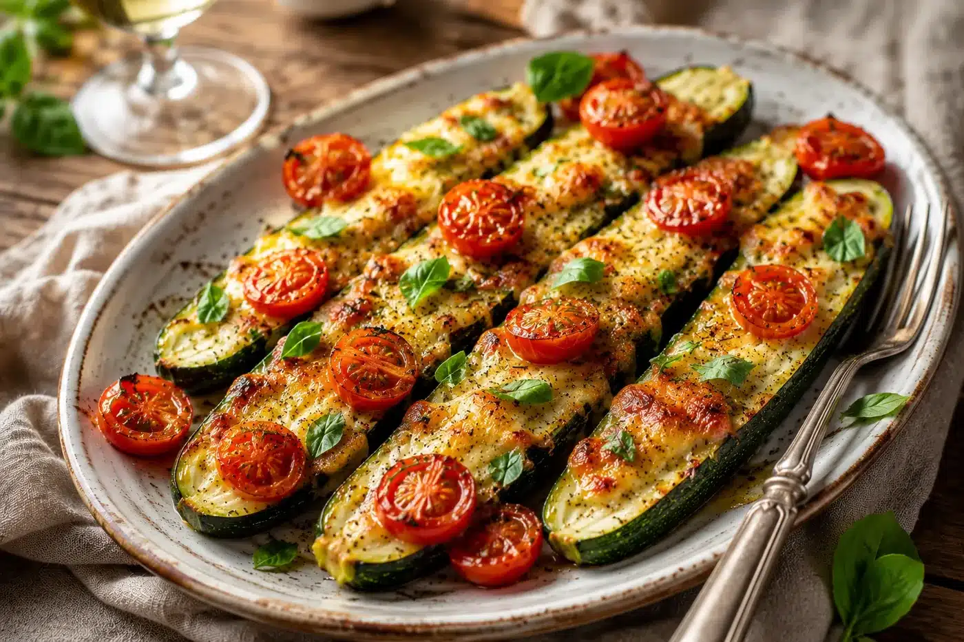 Finished roasted cheese zucchini with Parmesan, cherry tomatoes, and fresh basil garnish on a plate