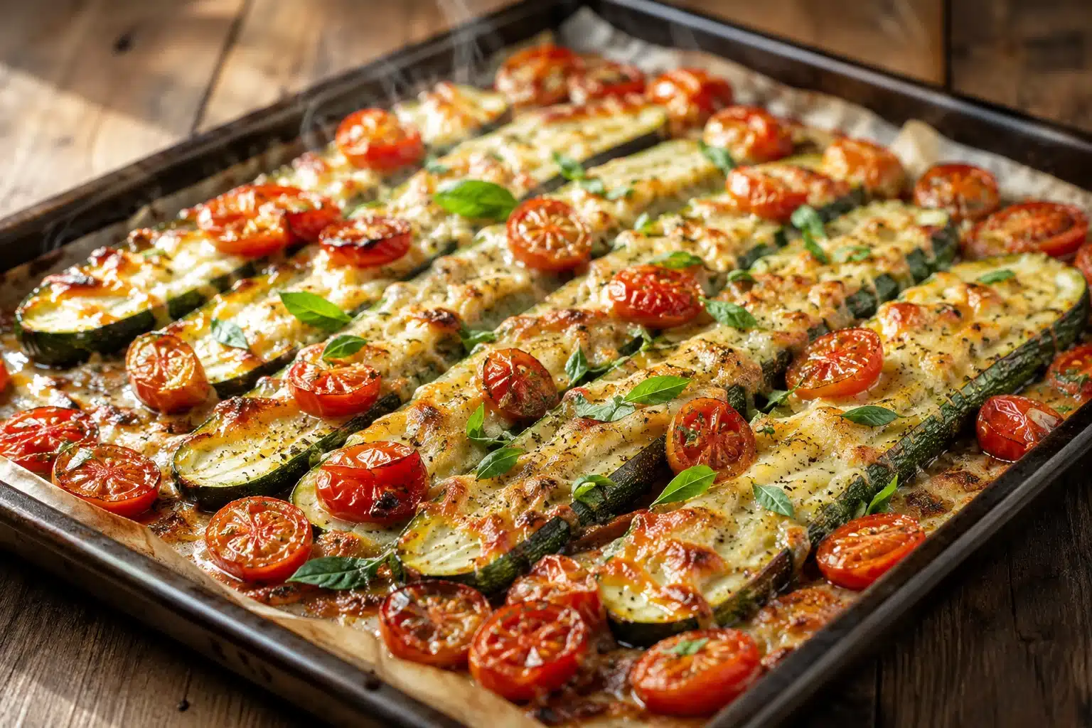 Roasted cheese zucchini with melted Parmesan and cherry tomatoes on a baking sheet