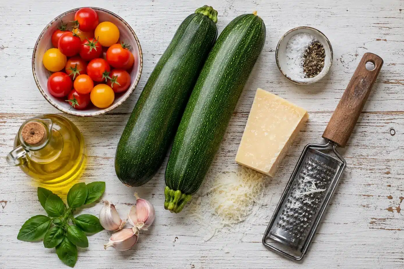 Fresh ingredients for roasted cheese zucchini including zucchini, cherry tomatoes, garlic, and Parmesan