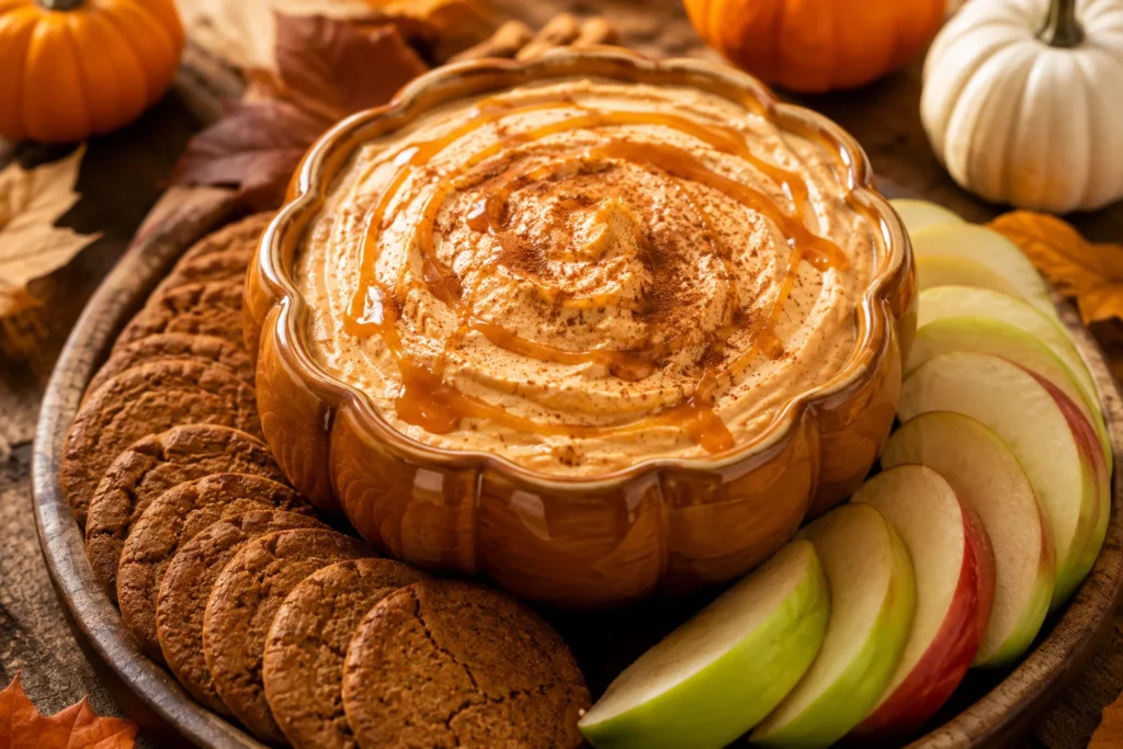 Finished easy pumpkin cheesecake dip garnished with caramel drizzle and cinnamon
