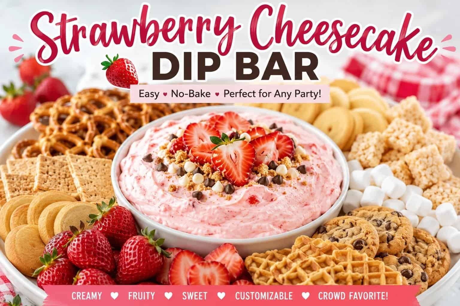 Strawberry Cheesecake Dip Bar with fresh strawberries and cookies.