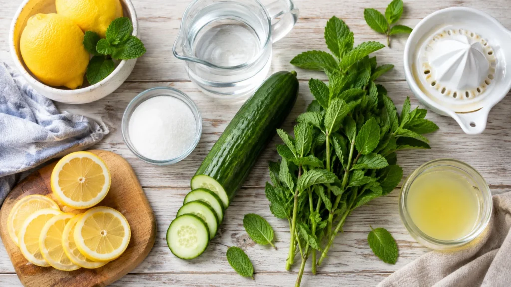 Fresh lemons, cucumber, mint leaves, sugar, and water for cucumber mint lemonade