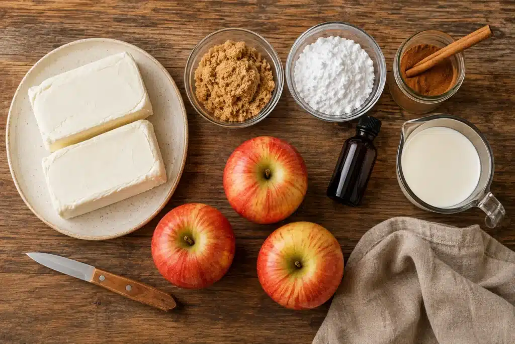 Ingredients for Apple Cinnamon Cheesecake Dip laid out on a counter