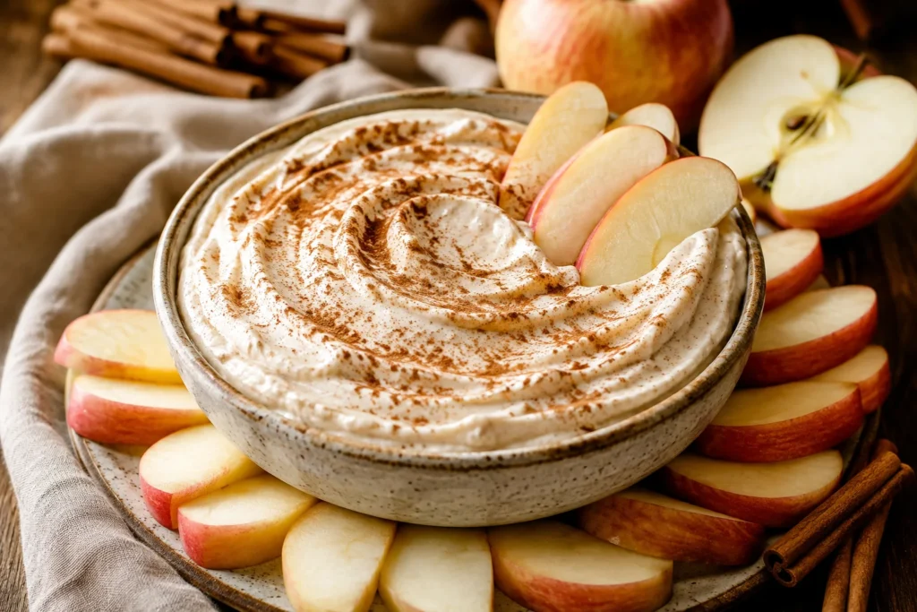 Apple Cinnamon Cheesecake Dip in a bowl surrounded by sliced apples