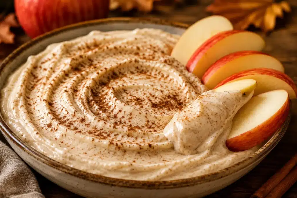Finished Apple Cinnamon Cheesecake Dip served with apple slices