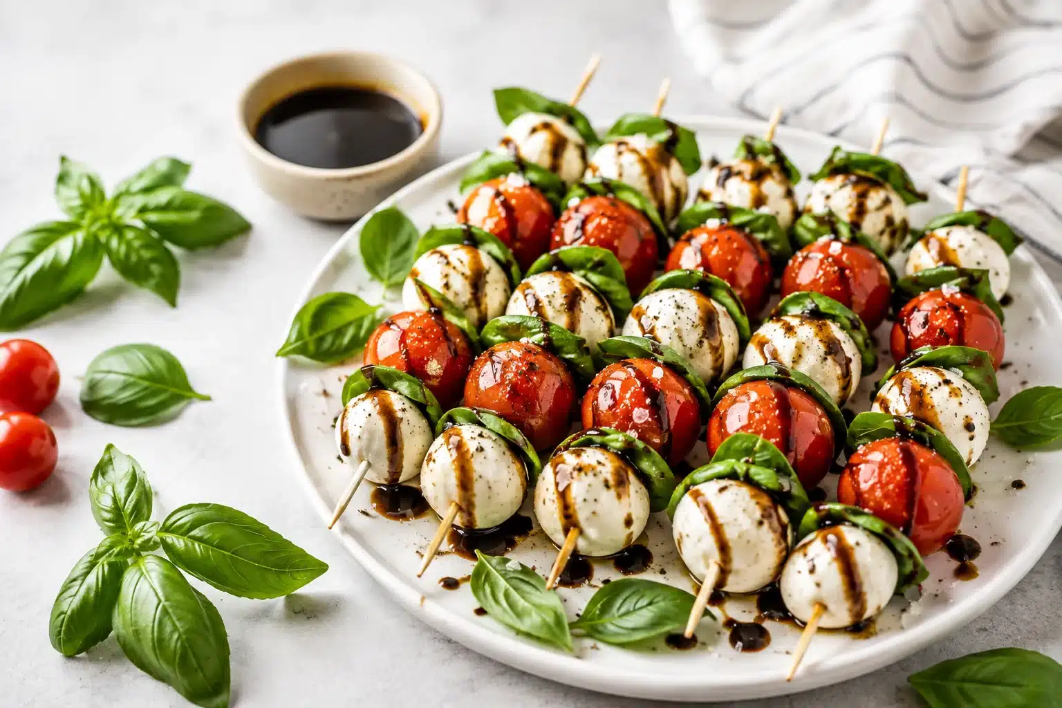 Finished caprese skewers with balsamic glaze ready to serve