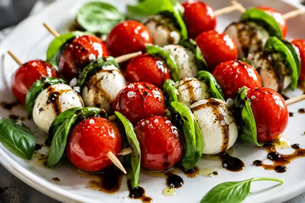 Finished caprese skewers with balsamic glaze ready to serve