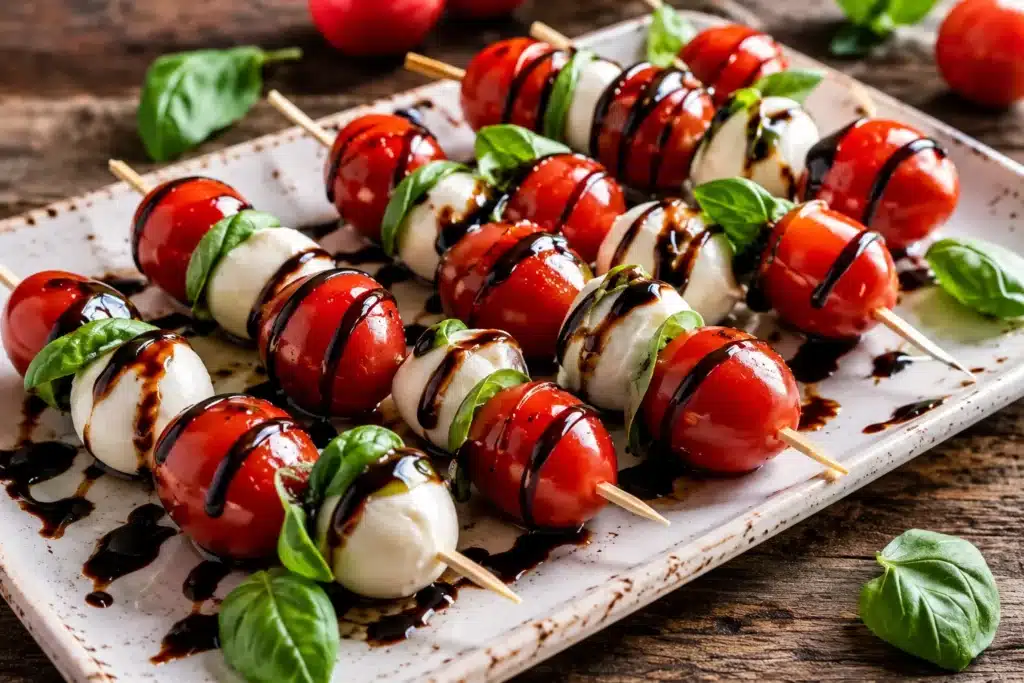 Caprese skewers with balsamic glaze arranged on a white platter