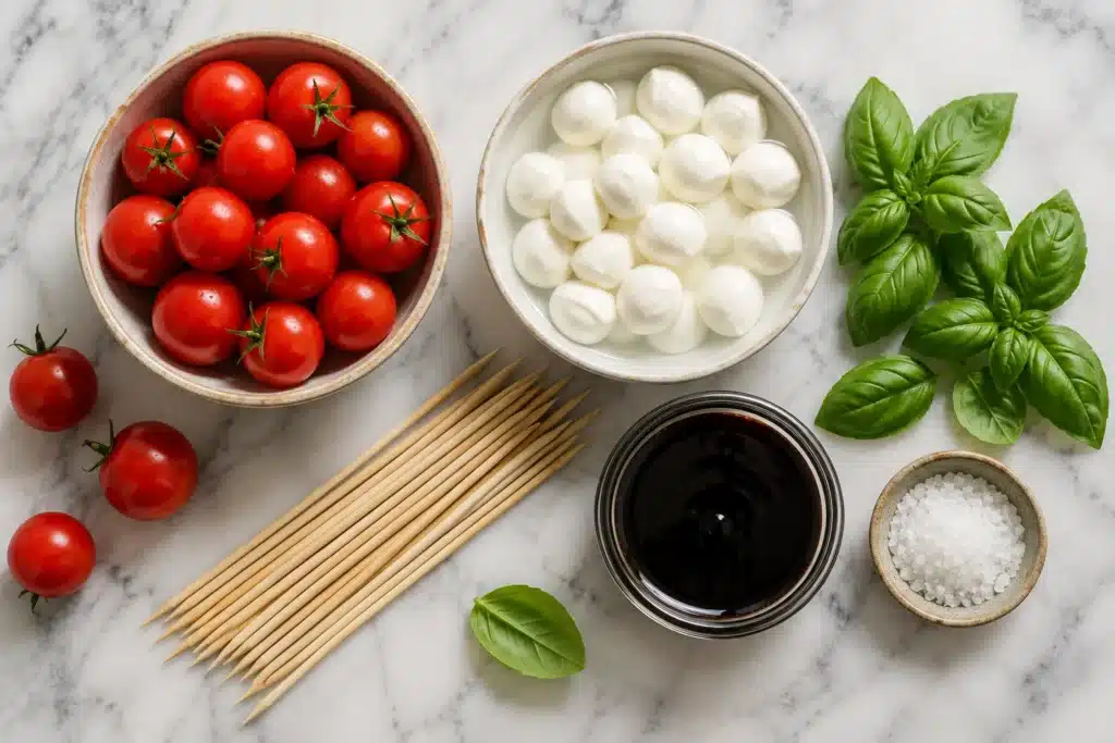 Text: Fresh ingredients for caprese skewers with balsamic glaze laid out on a marble counter