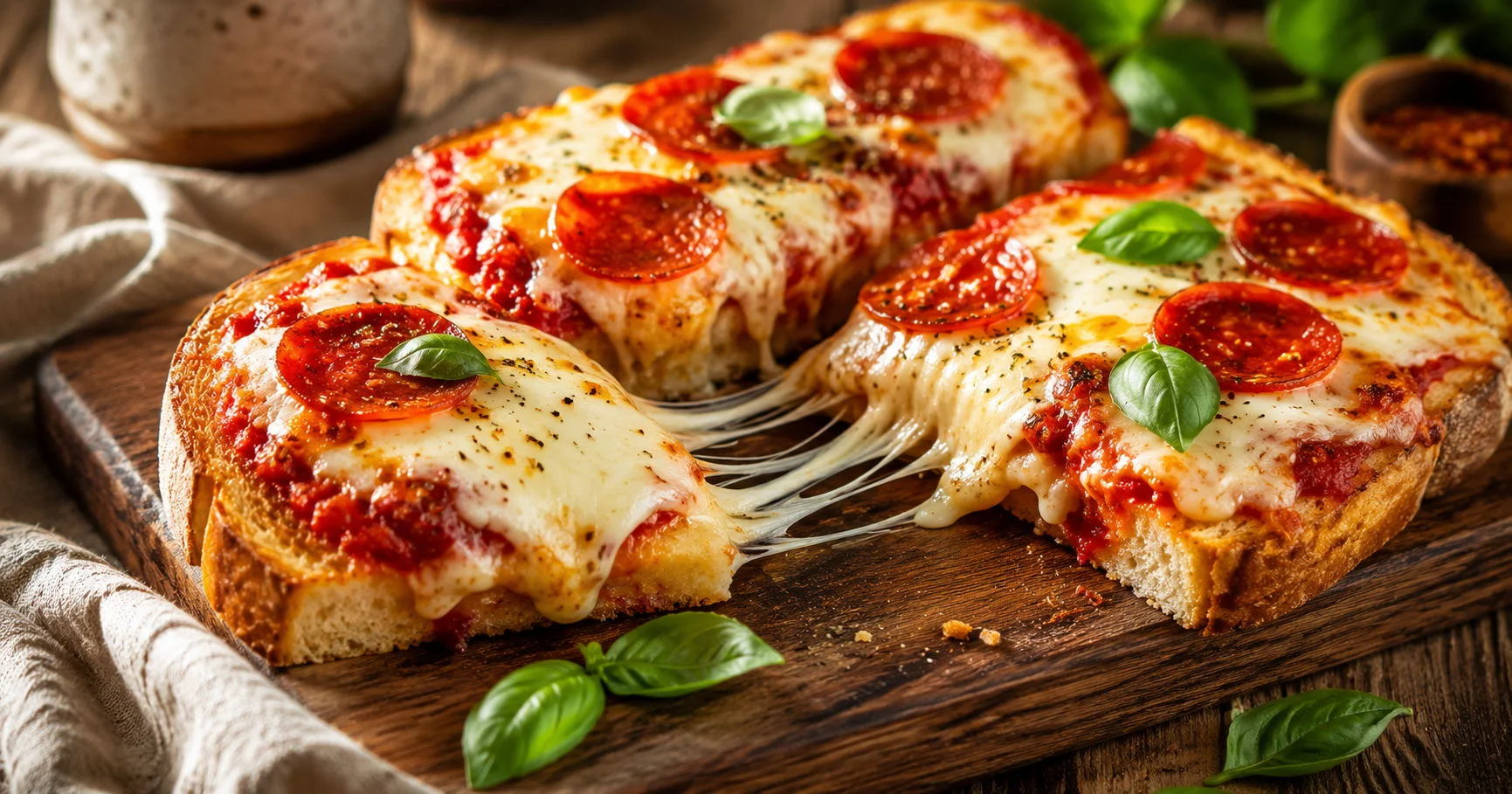 cottage cheese pizza toast featured image, crispy toast with melted mozzarella and pepperoni