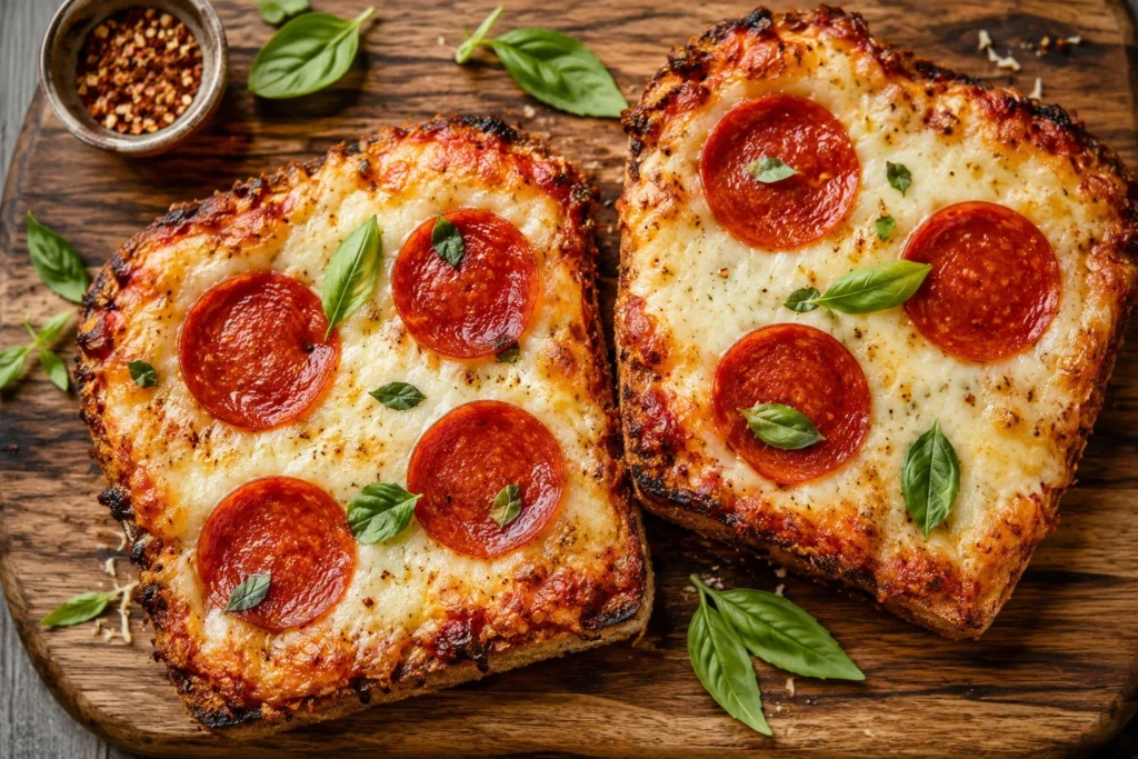 Cottage cheese pizza toast with melted mozzarella and pepperoni on a wooden board