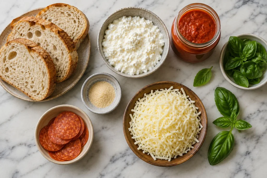 Ingredients for cottage cheese pizza toast including bread, cottage cheese, mozzarella, marinara, and pepperoni