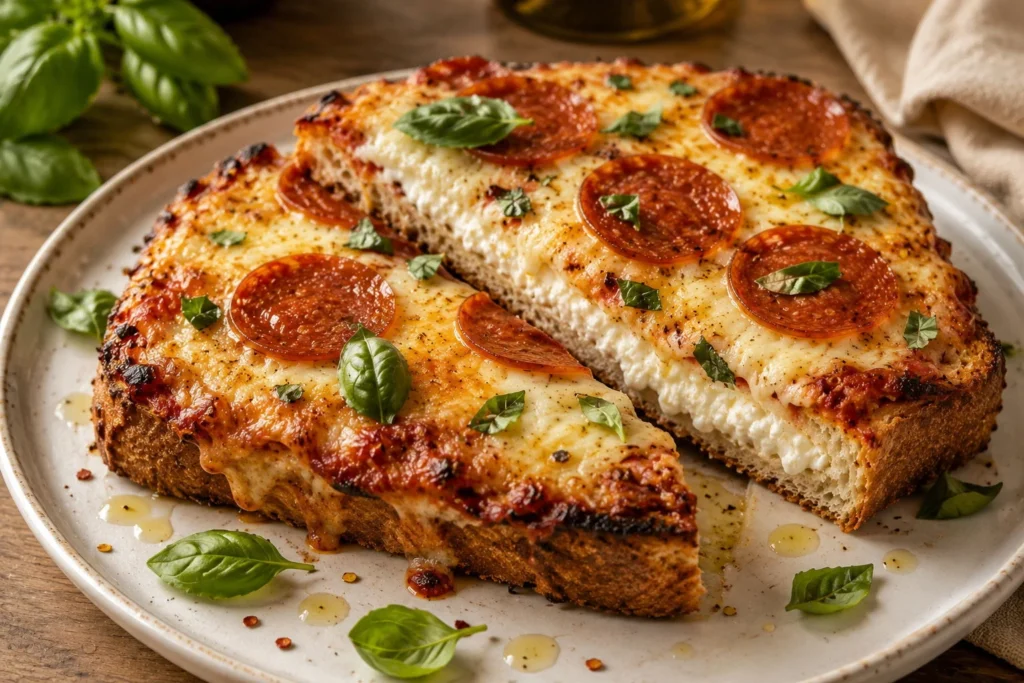 Plated cottage cheese pizza toast ready to serve, sliced to show creamy cottage cheese and melted cheese layers