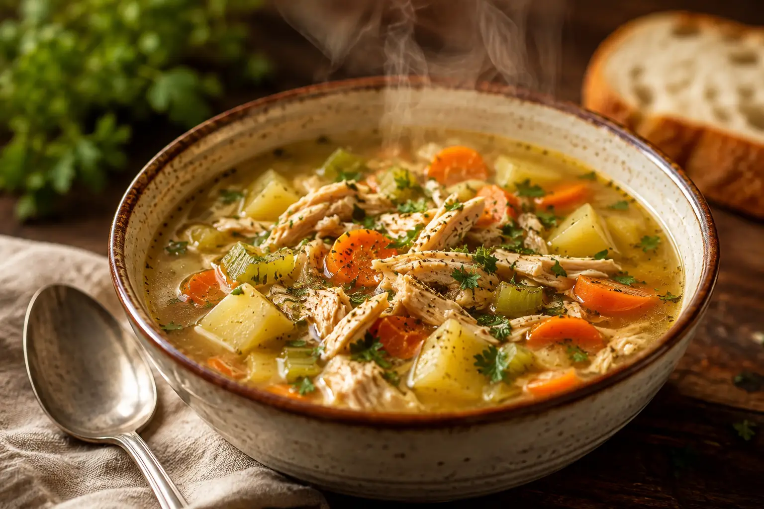 finished crockpot soup recipe garnished with parsley in a rustic bowl