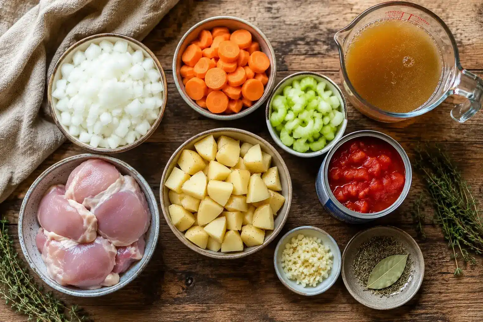 raw ingredients laid out for a crockpot soup recipe including vegetables, chicken, and broth