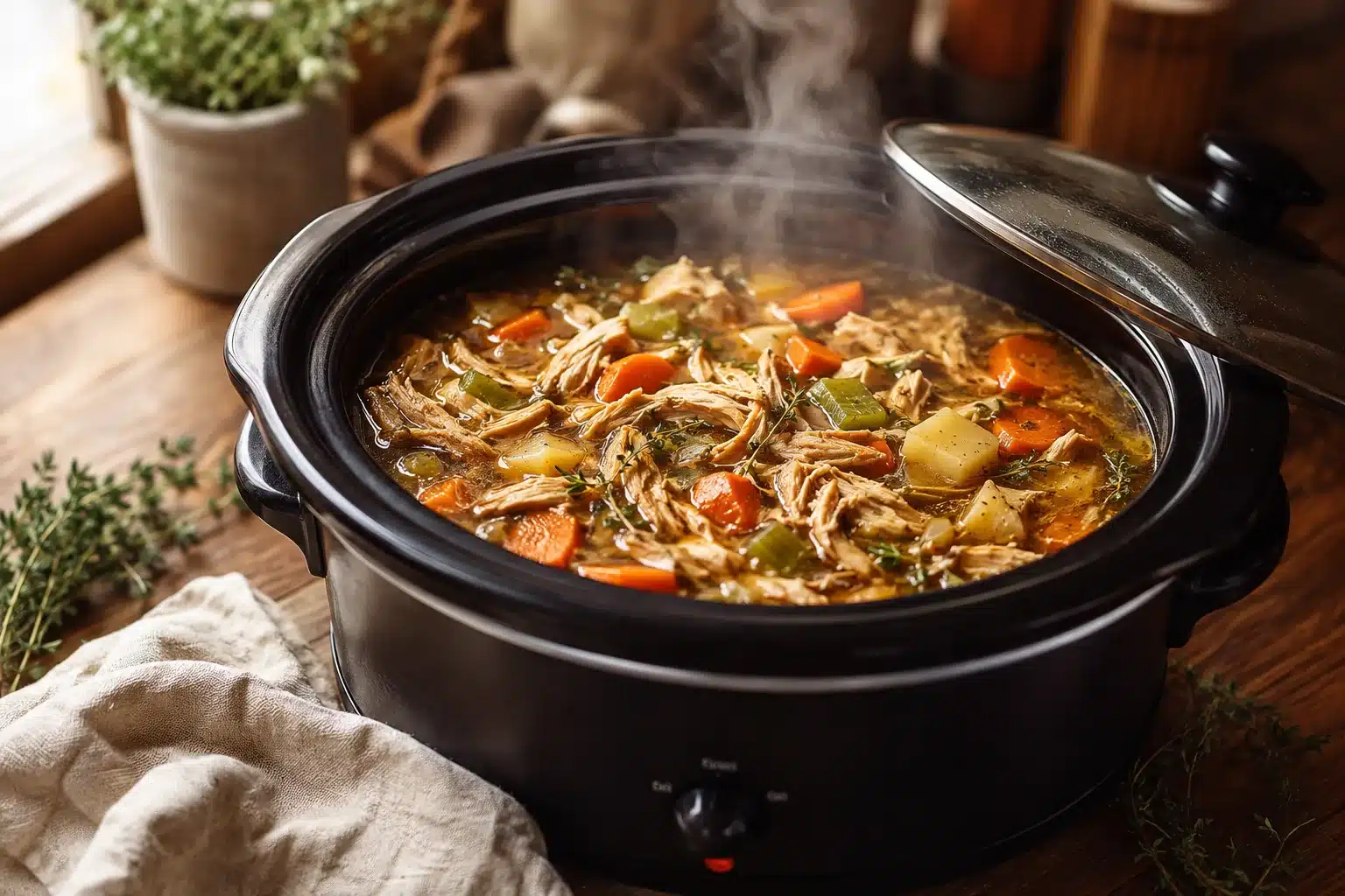 crockpot soup recipe cooking in a slow cooker with steam rising