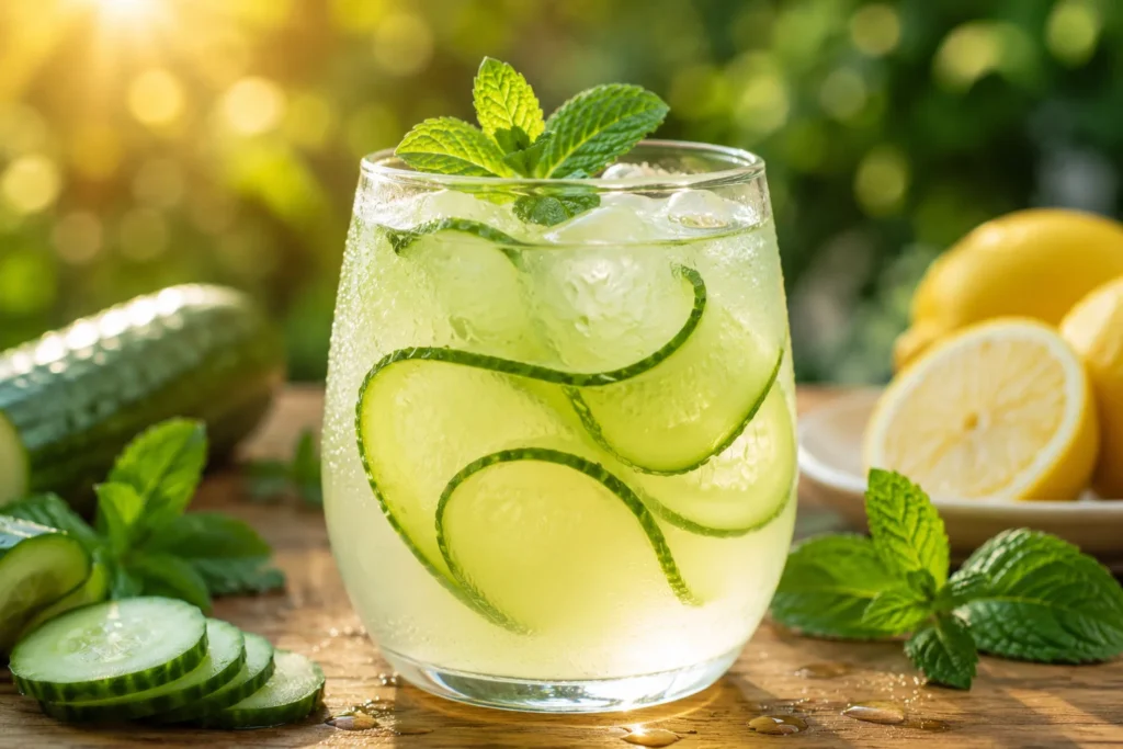 Close-up glass of iced cucumber mint lemonade garnished with mint and cucumber ribbon
