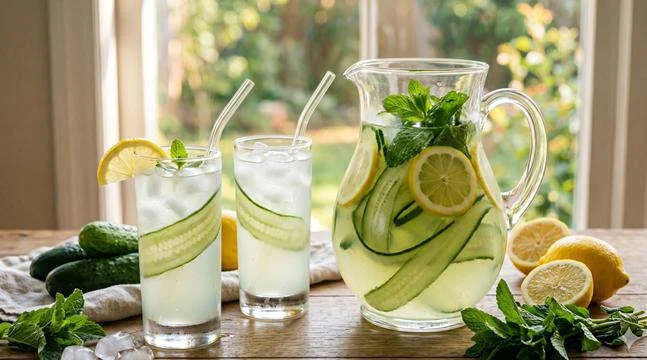 Cucumber mint lemonade with fresh mint, cucumber slices, lemon, and ice