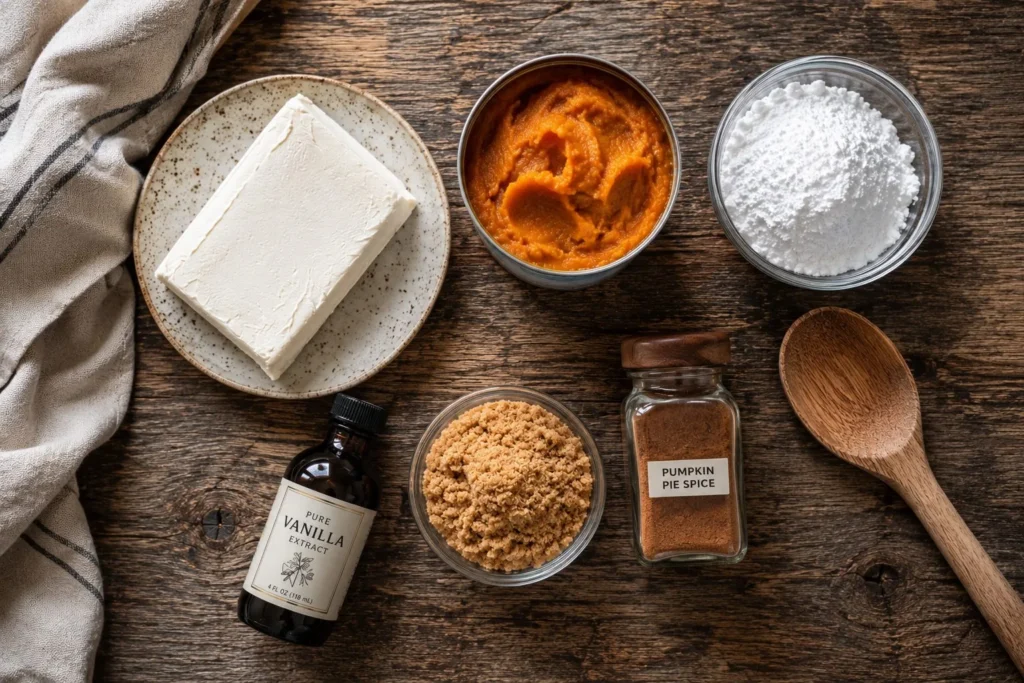 Flat lay of ingredients used to make easy pumpkin cheesecake dip including cream cheese and pumpkin puree