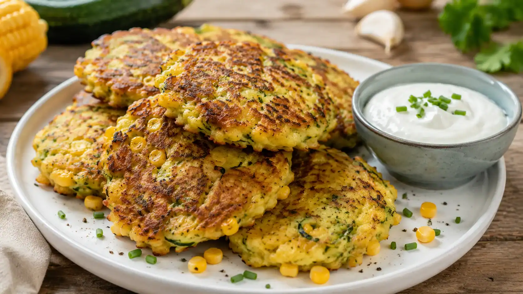 Stack of golden zucchini corn fritters on a white plate with sour cream