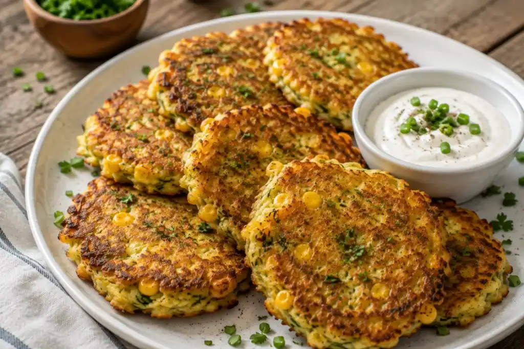 Golden zucchini corn fritters with green onions and sour cream dip.