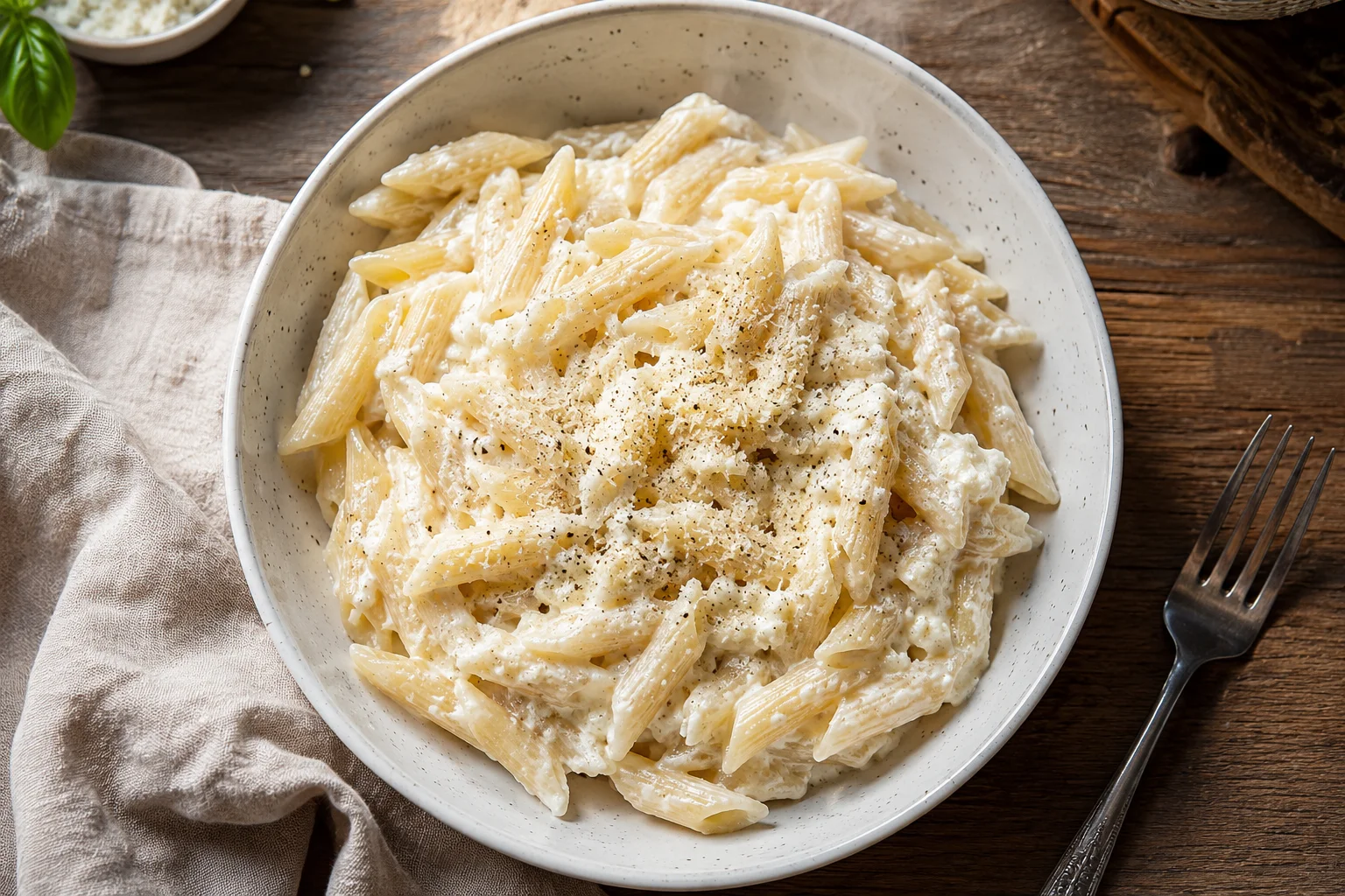 Overhead view of high protein cottage cheese pasta in a white bowl topped with black pepper and parmesan