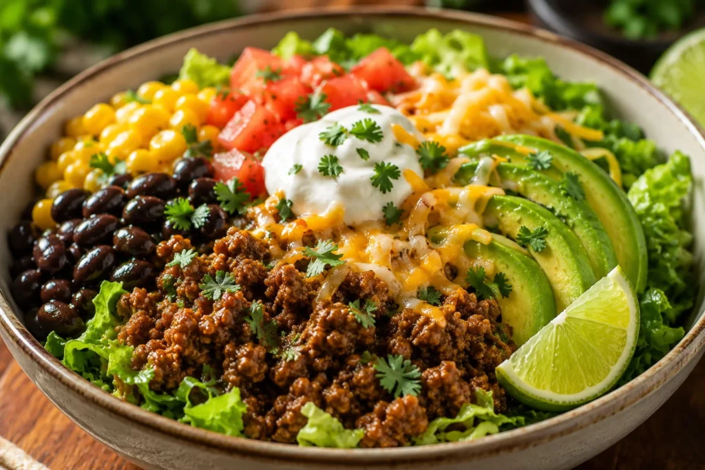 Close-up of a finished high protein turkey taco bowl with melted cheese and fresh lime