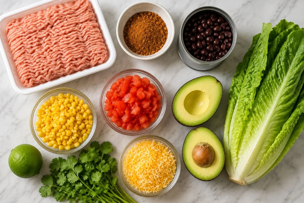 Fresh ingredients for a high protein turkey taco bowl including ground turkey, black beans, and avocado