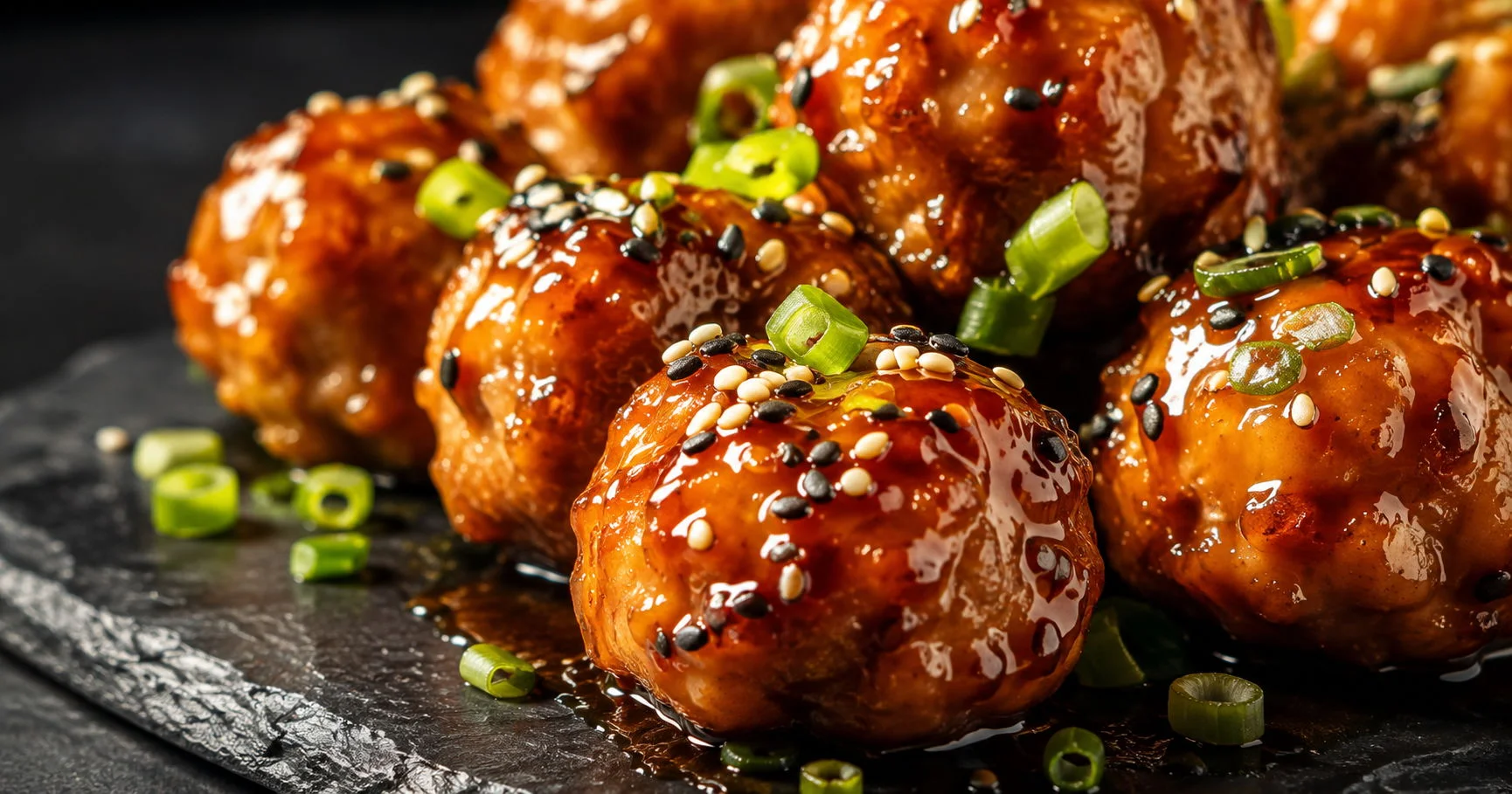 Close-up of glazed honey garlic chicken meatballs garnished with sesame seeds and green onion