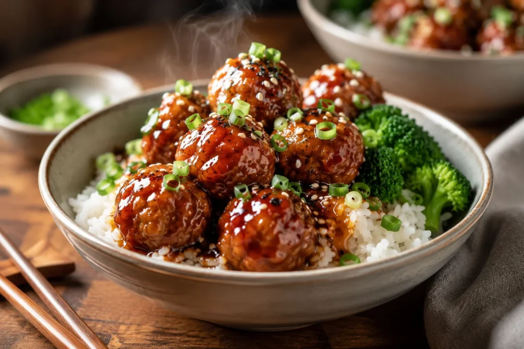 Honey garlic chicken meatballs served over rice with sesame seeds