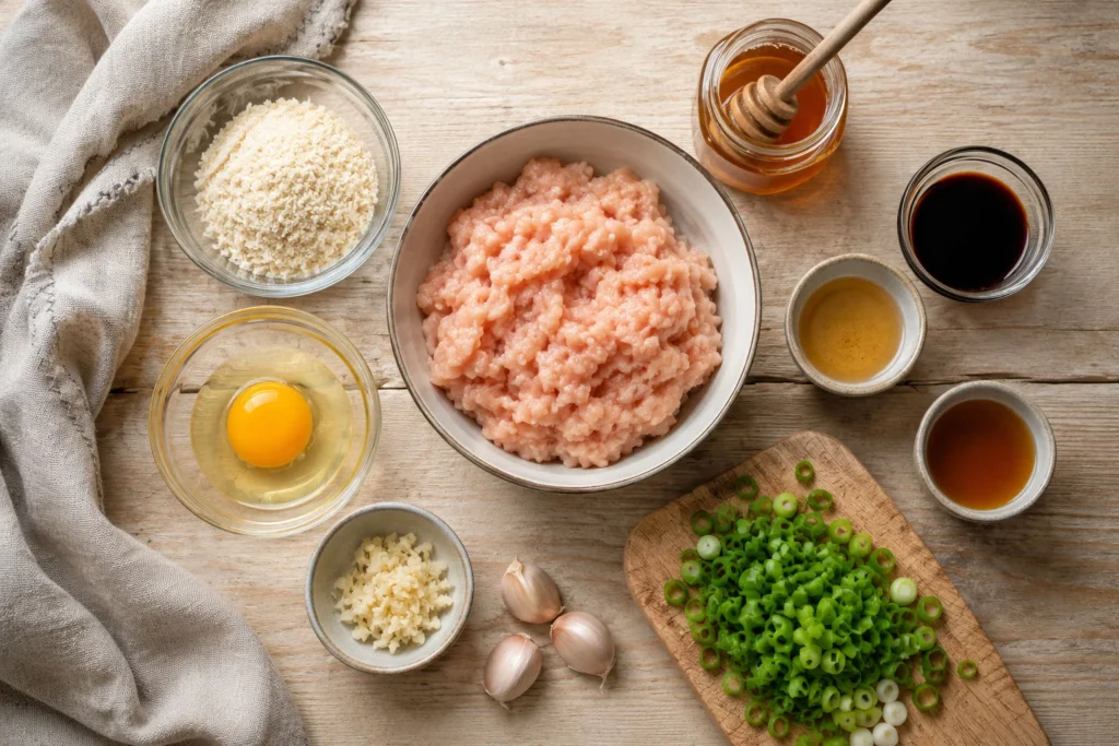 Ingredients for honey garlic chicken meatballs laid out on a counter