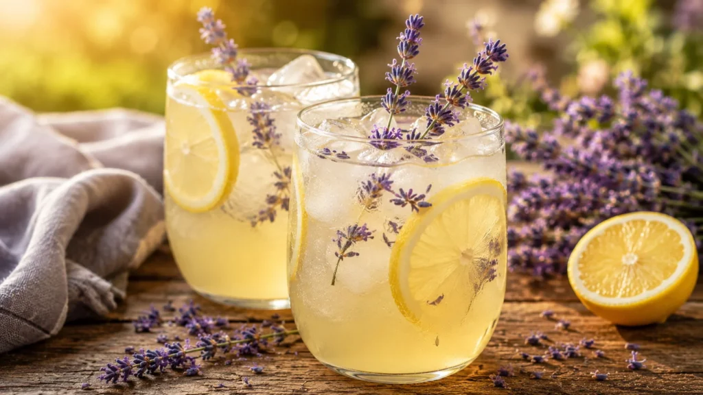 Two glasses of lavender lemonade garnished with lemon and lavender, ready to serve