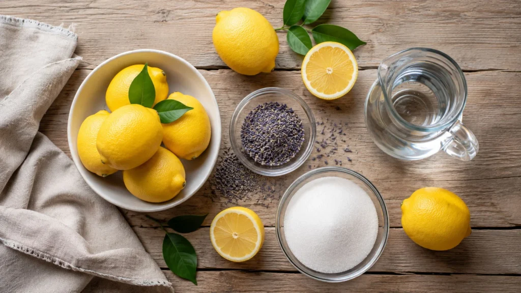 Fresh lemons, dried culinary lavender, and sugar arranged for lavender lemonade