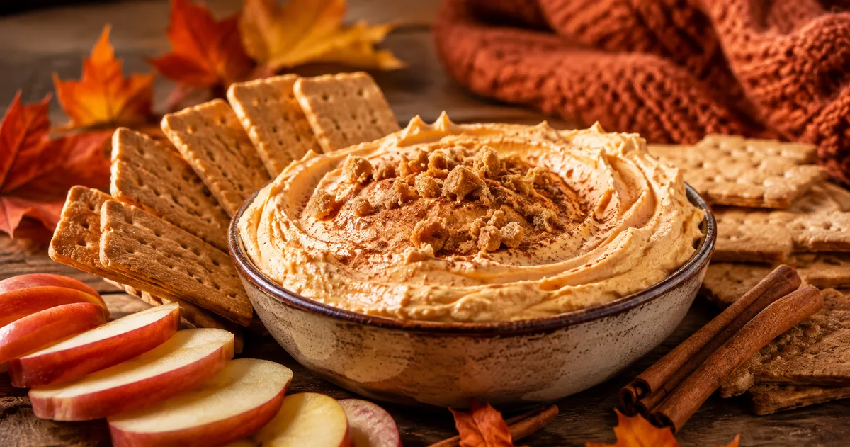 Image of easy pumpkin cheesecake dip styled for a fall party spread