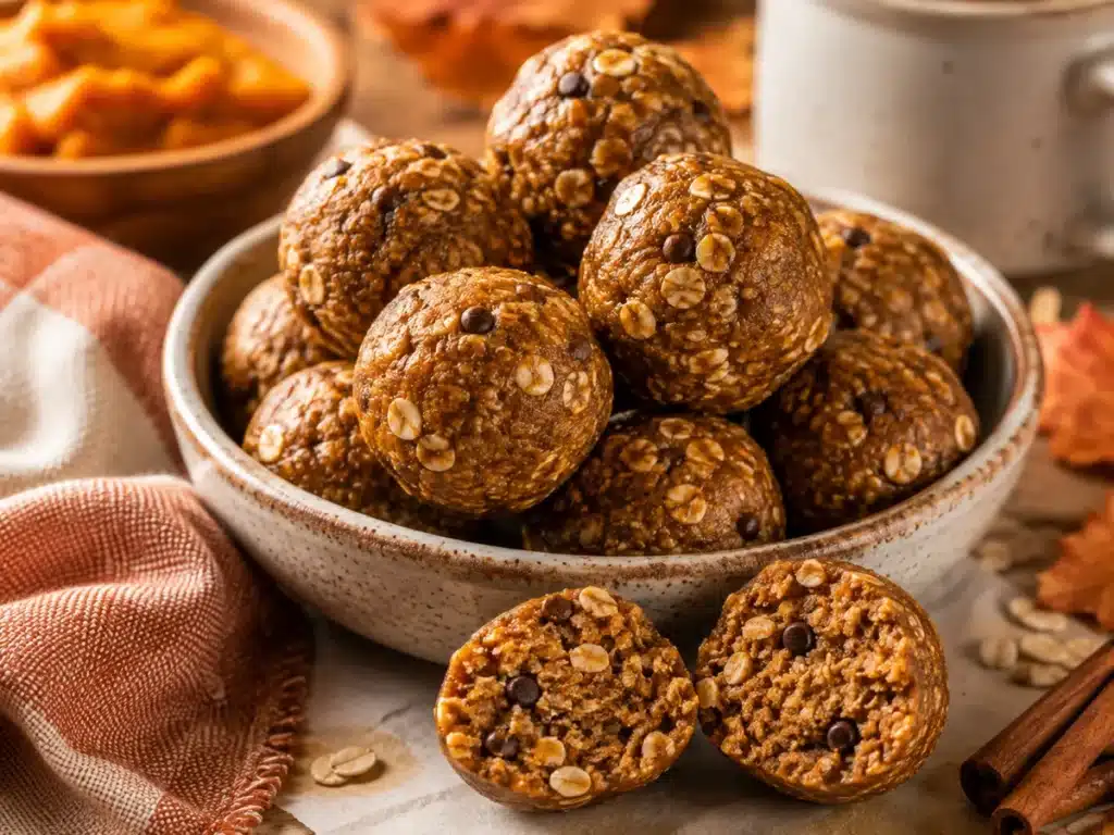 Close-up of pumpkin spice energy balls showing soft chewy texture