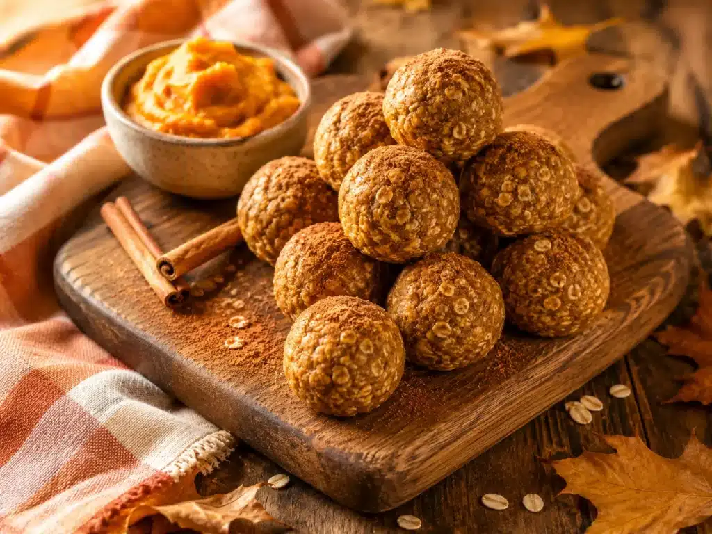 Pumpkin spice energy balls stacked on a wooden board with cinnamon and pumpkin puree