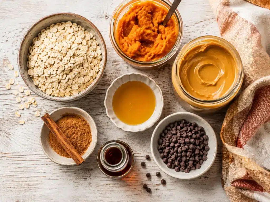 Ingredients for pumpkin spice energy balls including oats, pumpkin puree, and pumpkin pie spice