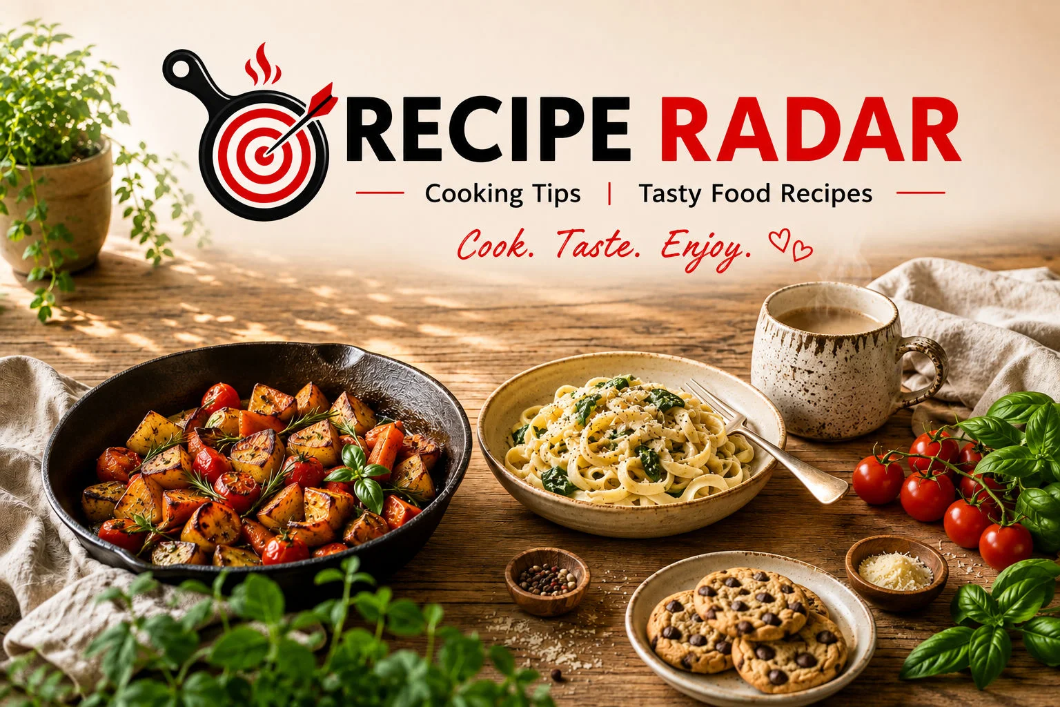 Recipe Radar food blog banner with roasted vegetables, creamy pasta, cookies, coffee, fresh herbs, and tomatoes on a rustic wooden table.