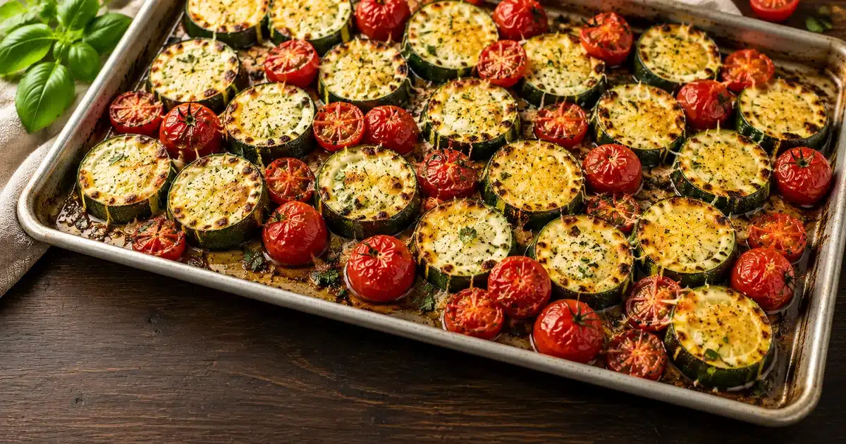 Roasted cheese zucchini with Parmesan and cherry tomatoes, easy 30-minute side dish