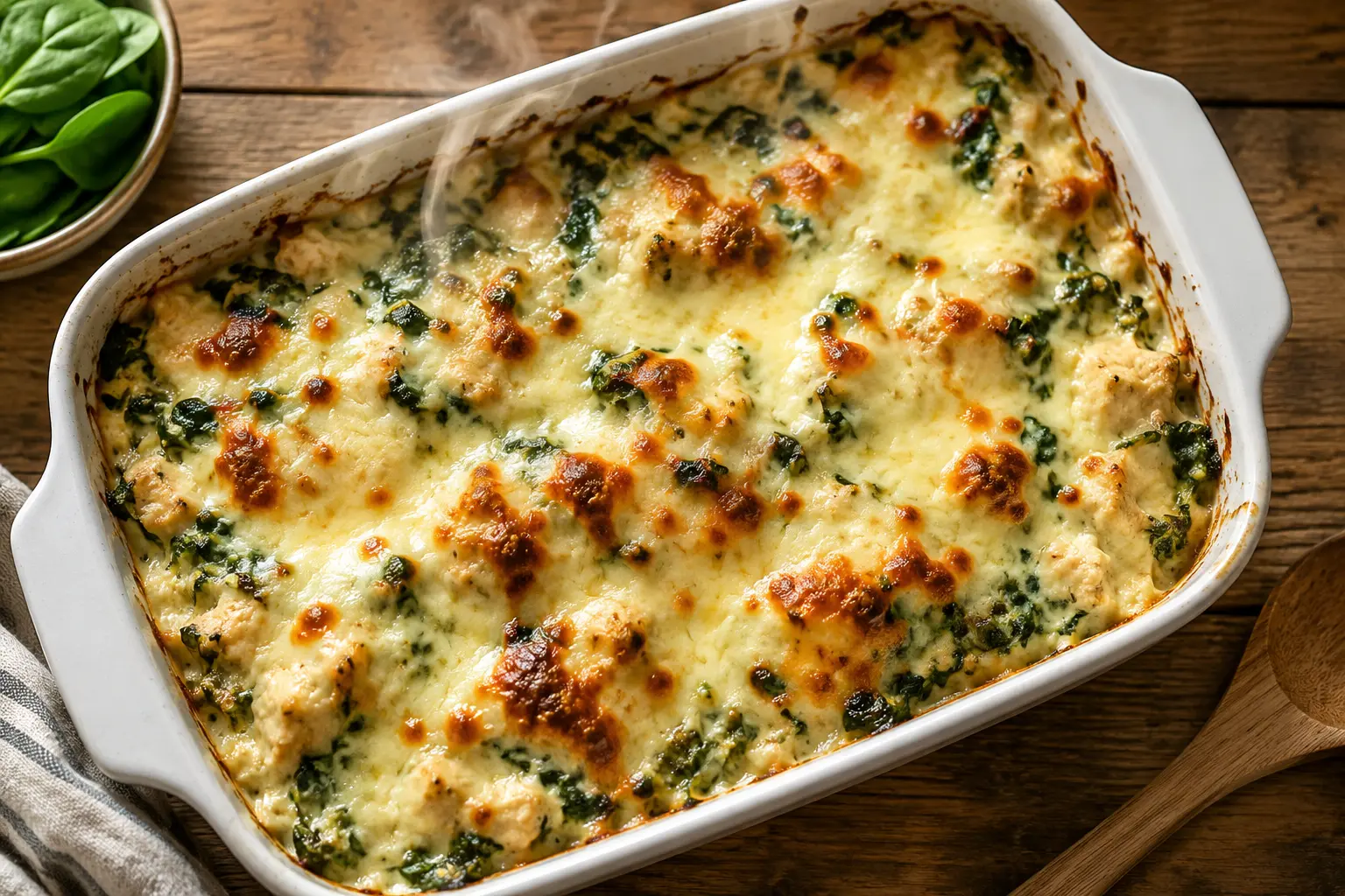 Spinach chicken casserole with cream cheese and mozzarella in a baking dish