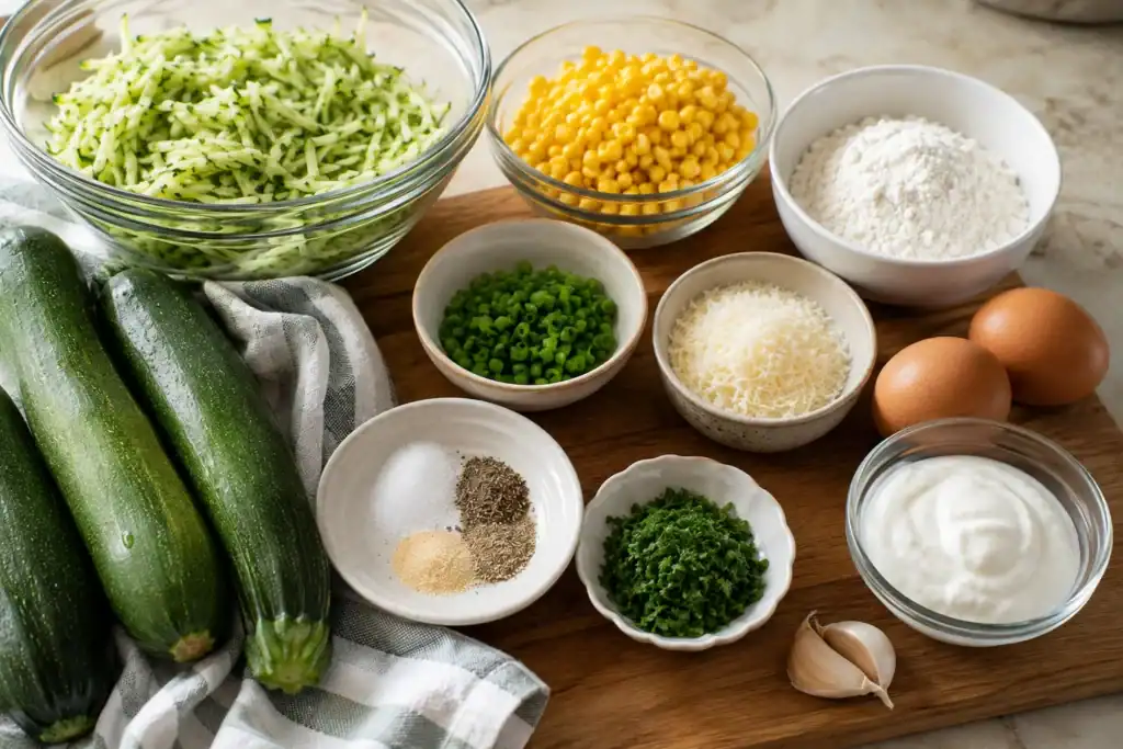 Fresh zucchini, corn, and ingredients for crispy zucchini corn fritters.