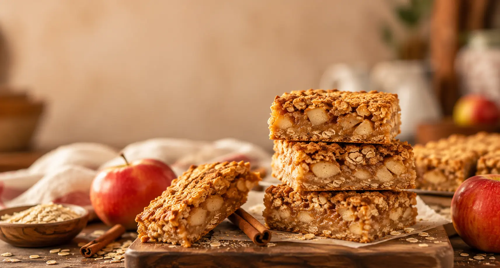 Apple cinnamon oatmeal bars stacked on a wooden board, easy fall recipe