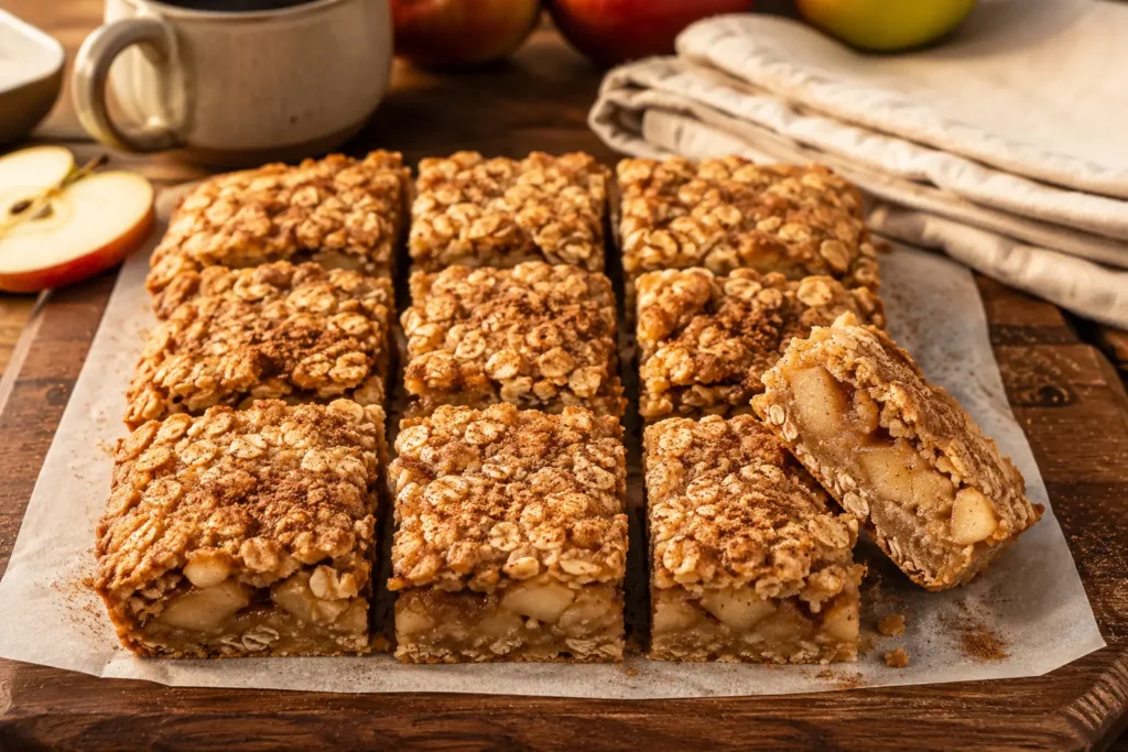 Sliced apple cinnamon oatmeal bars ready to serve on parchment paper