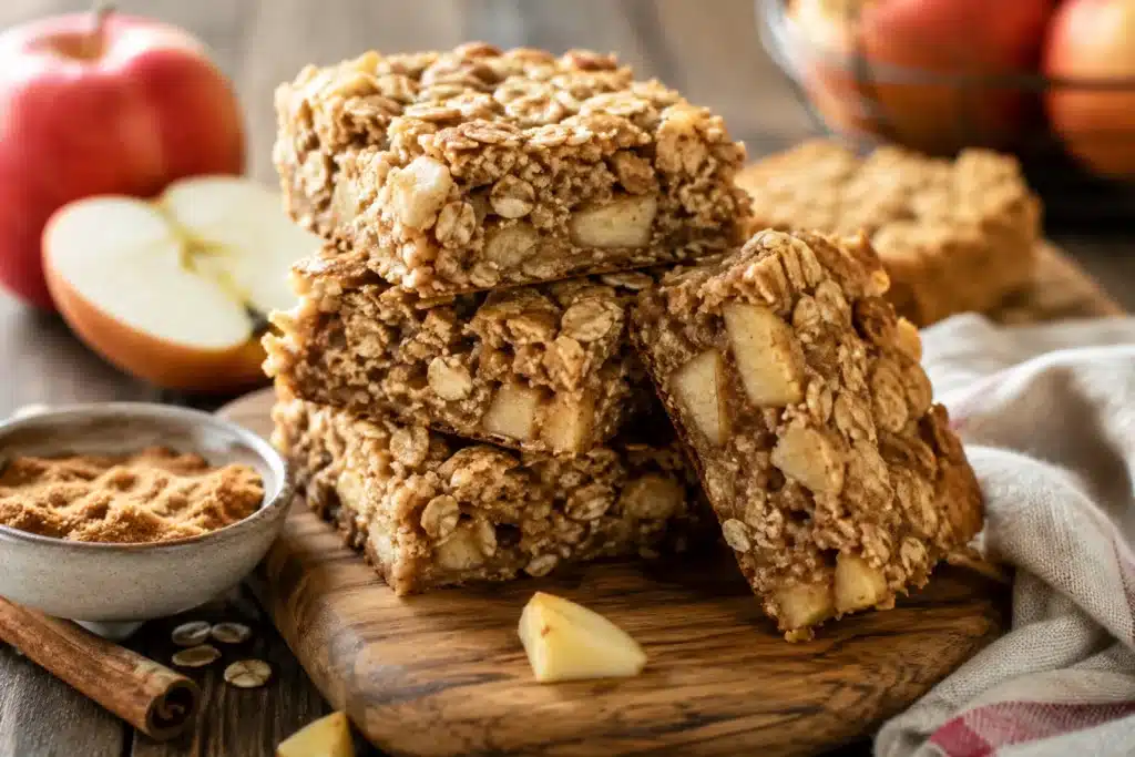 Text: Stack of apple cinnamon oatmeal bars on a wooden board with one sliced open