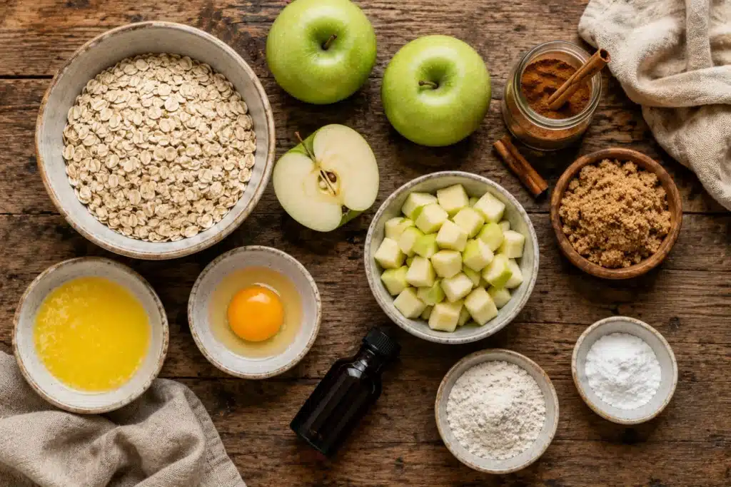 Flat lay of ingredients for apple cinnamon oatmeal bars including oats, apples, and cinnamon
