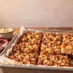 Cinnamon apple crisp bars in a baking pan ready to serve for fall